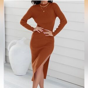 Rust Orange Ribbed Knit Dress